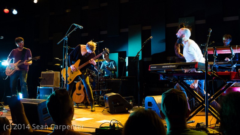 Philadelphia, PA: Pomplamoose give Jack a hit at the Pomplamoose show at World Cafe Live, Friday September 26, 2014.