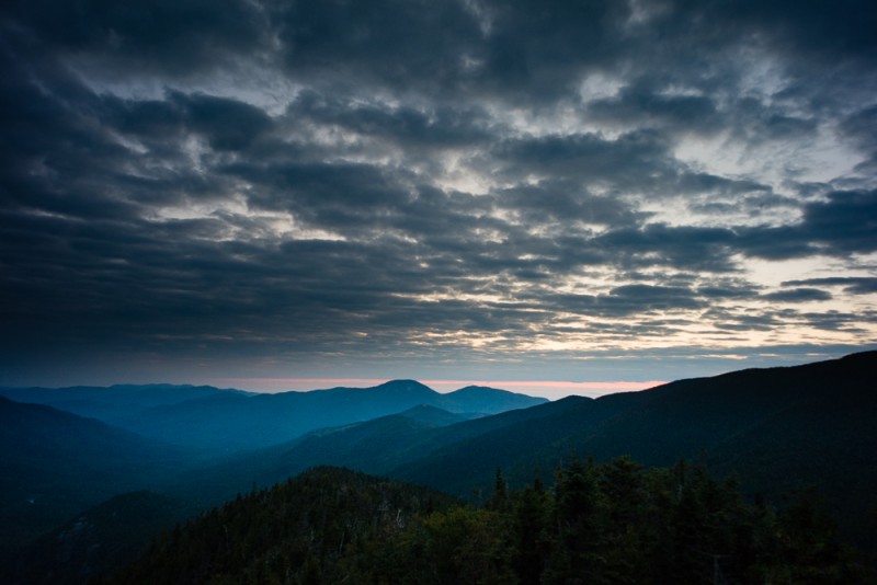 Pre-sunrise view of Giant and Rocky Peak Ridge from Mount Colvin, Adirondack Park, New York.